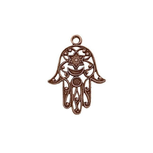 Hamsa Hand Filigree Charm Drops - Antiqued Copper Ox Pendants - Hand of Fatima Good Luck Symbol - 2 Pieces Hi Quality Stampings