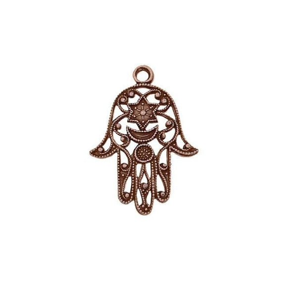 Hamsa Hand Filigree Charm Drops - Antiqued Copper Ox Pendants - Hand of Fatima Good Luck Symbol - 2 Pieces Hi Quality Stampings