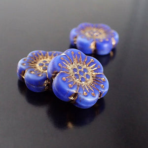 Matte Dark Blue Silk Flower Beads with Bronze Wash - Artisan Czech Pressed Glass - Pressed Flat Flower Coins Beads - 18mm - 2 Pieces