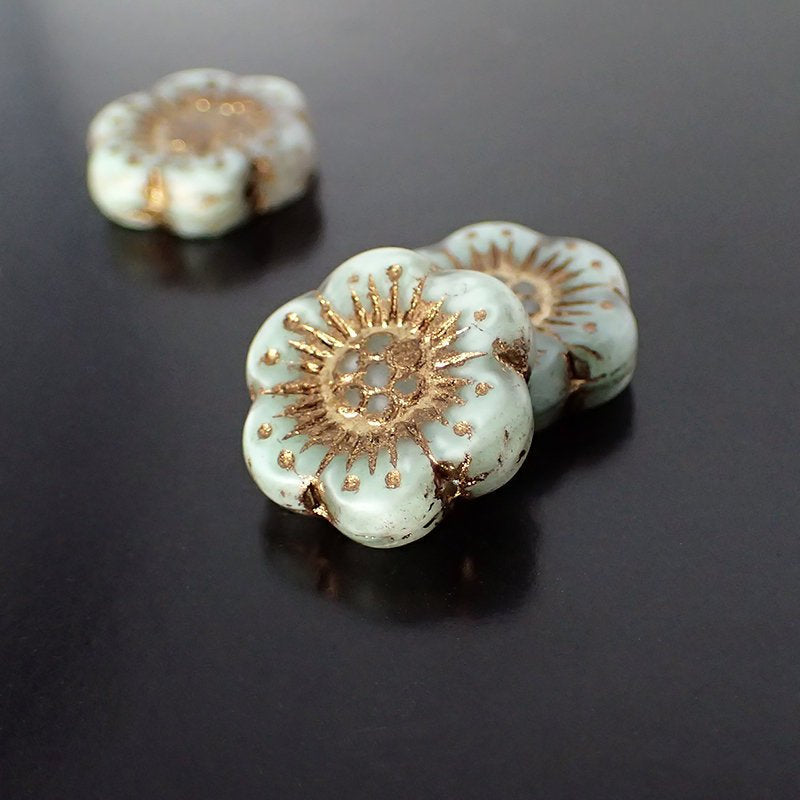 Matte Seafoam Silk Flower Beads with Bronze Wash - Artisan Czech Pressed Glass - Flat Flower Coins Beads - Pale Mint Green 18mm - 2 Pieces