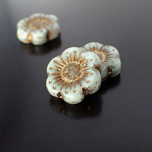 Matte Seafoam Silk Flower Beads with Bronze Wash - Artisan Czech Pressed Glass - Flat Flower Coins Beads - Pale Mint Green 18mm - 2 Pieces