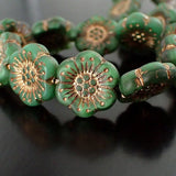 Matte Green Silk Flower Beads with Bronze Wash - Artisan Czech Pressed Glass - Flat Flower Coins Beads - Dark Kelly Green 18mm - 2 Pieces