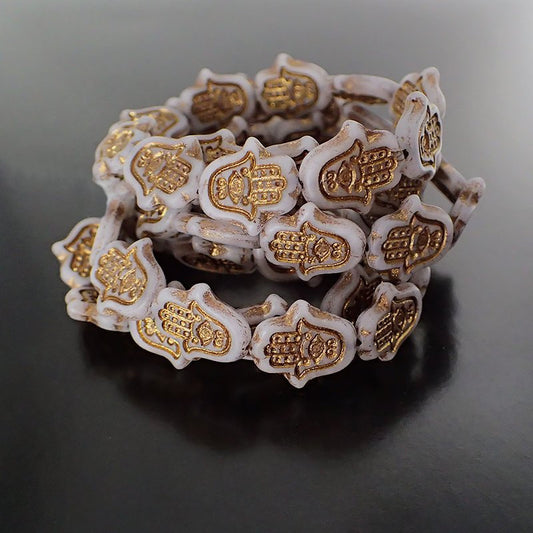 Matte Greyish White Silk Hamsa Hand Beads with Bronze Wash - 6 Pieces - Artisan Czech Pressed Glass - Hand of Fatima Beads - Good Luck Charm
