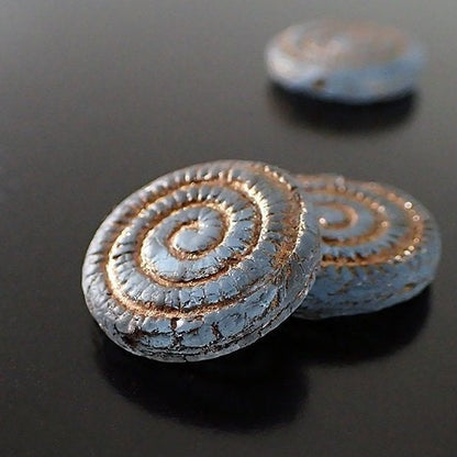 Matte Denim Blue with Bronze Wash Fossil Beads - 2 Pieces - Artisan Czech Pressed Glass - Montana Blue Spiral Ammonite Shell Rustic Beads