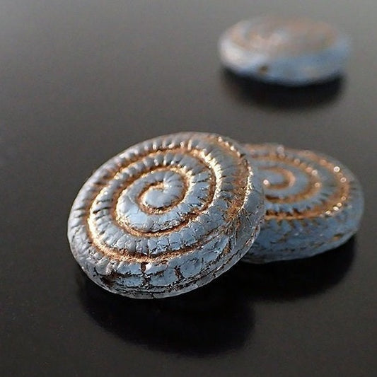 Matte Denim Blue with Bronze Wash Fossil Beads - 2 Pieces - Artisan Czech Pressed Glass - Montana Blue Spiral Ammonite Shell Rustic Beads