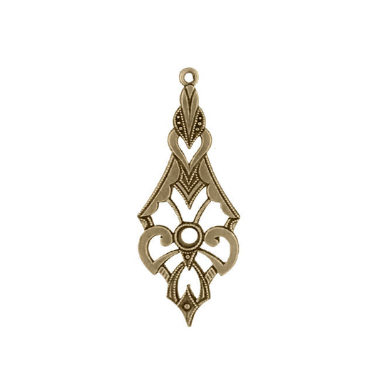 Art Deco Pendant Drops - Antiqued Brass Ox Pendants with Round Stone Setting - 2 Pieces - Solid, High Quality European Made Brass