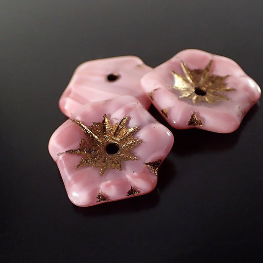 Dusty Pink Silk with Bronze Wash Flat Flower Beads - 2 Pieces - Artisan Czech Pressed Glass - Large 22mm Light Rose Glass Flowers