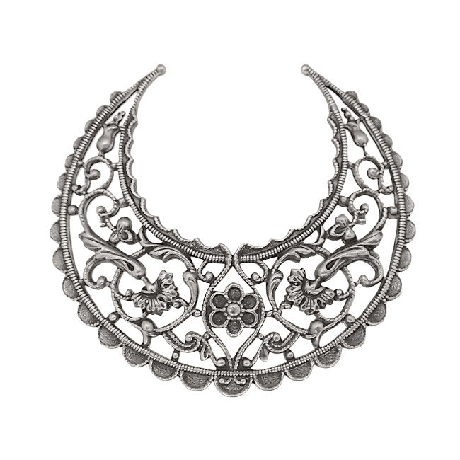 Large Lacy Floral Hoop Filigree - Antiqued Silver Ox - Intricate Flourish Crescent - Nickel Free - 1 Piece - High Quality European Brass