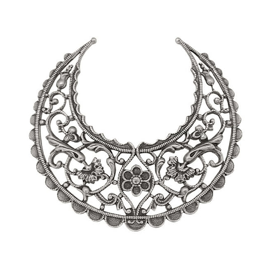 Large Lacy Floral Hoop Filigree - Antiqued Silver Ox - Intricate Flourish Crescent - Nickel Free - 1 Piece - High Quality European Brass