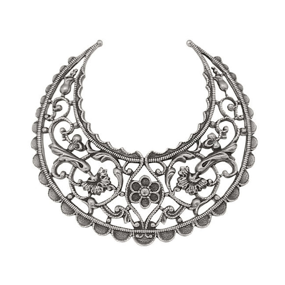 Large Lacy Floral Hoop Filigree - Antiqued Silver Ox - Intricate Flourish Crescent - Nickel Free - 1 Piece - High Quality European Brass