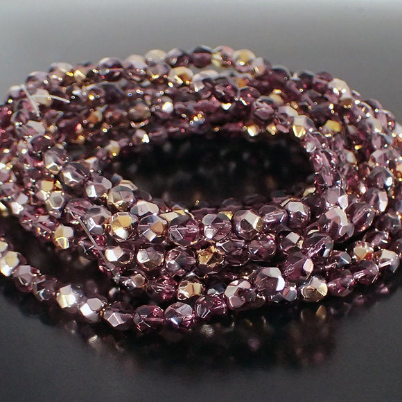 Amethyst Purple Capri Gold - Czech Fire Polished Glass Beads - 6mm Beads 50 Pieces