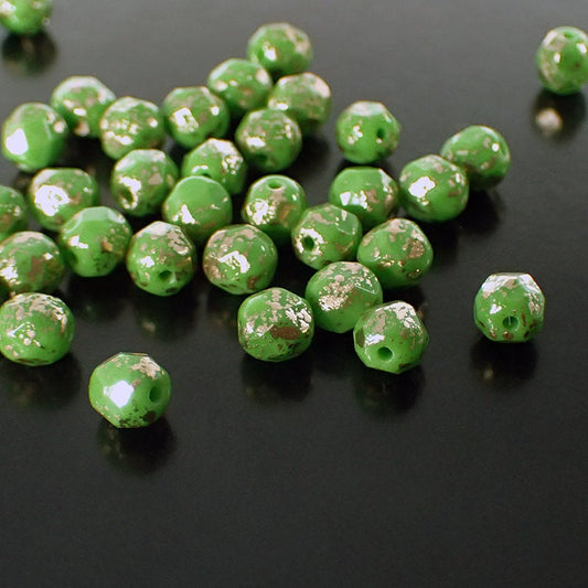 Opaque Spring Green Gold Rain Metallic Czech Fire Polished Glass Beads - 6mm Beads 50 Pieces