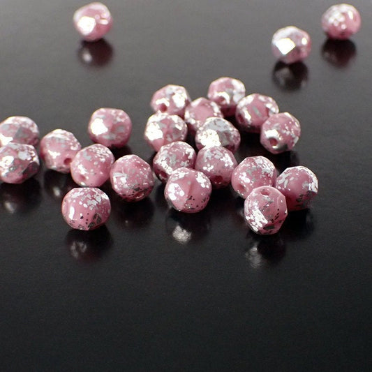Opaque Rose Coral Pink Silver Rain Metallic Czech Fire Polished Glass Beads - 6mm Beads 50 Pieces