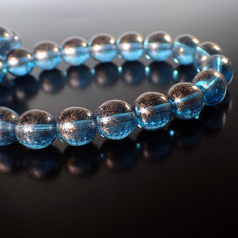 Transparent Capri Blue Metallic Copper Rain Czech Pressed Smooth Round Glass Beads - 12mm Beads - 6 Pieces