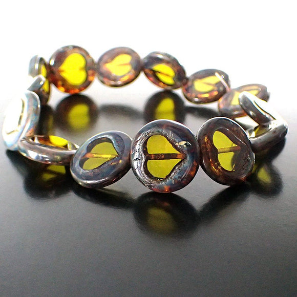 Artisan Czech Glass Beads Table Cut Heart - Transparent Citrine Yellow Blue Picasso Limited Edition - Boho Rustic Love Beads 17mm - 2 Pieces