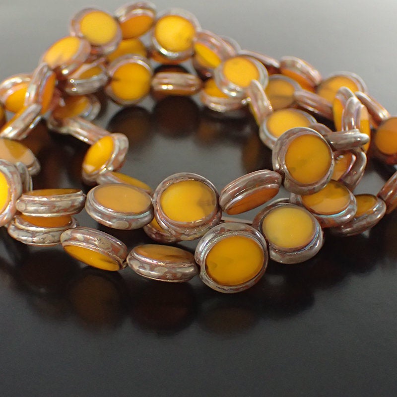 Pumpkin Silk Artisan Czech Glass Beads with Metallic Picasso Luster - 14mm Round Flat Circular Coin - Table Cut - 4 Pieces