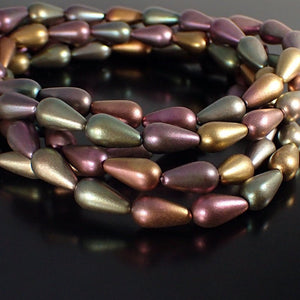 Matte Autumn Metallic Iris Smooth Pear Teardrop Beads Czech Pressed Glass Beads - 15 x 8 mm Drop Beads - 12 Pieces