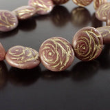 Dusty Pink Rose Beads with Metallic Gold Wash - Artisan Czech Pressed Glass Coin Beads - 17mm Round