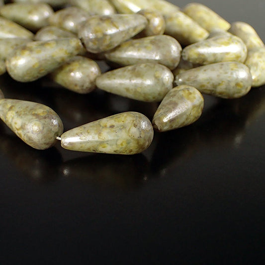 Antique Green Patina Smooth Pear Teardrop Beads - Rustic Boho Czech Pressed Glass Beads - 20 x 9 mm Drop Beads - 10 Pieces