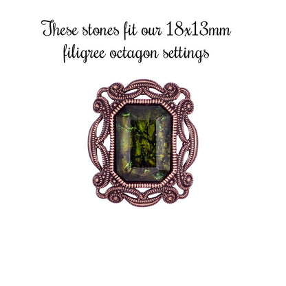 Olivine Czech Glass Faux Opal with Silver and Copper Foil - Handmade Octagon Faceted Stones - 1 Piece - 18x13mm - Green Doublet Fancy Stone