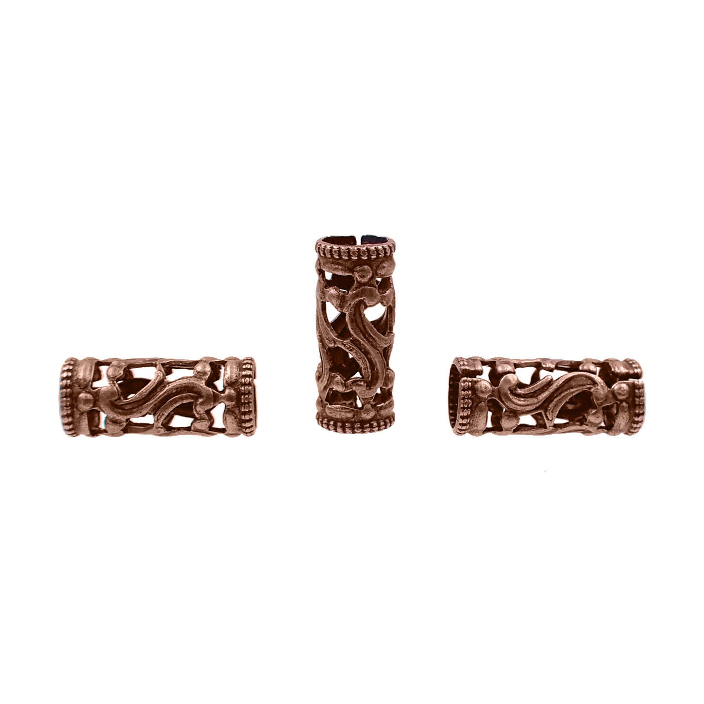 Antique Copper Filigree Tube Beads - 13 x 6 mm - Dainty Detailed Flourish Pattern - 4 Pieces - High Quality Vintage Style Wide Hole