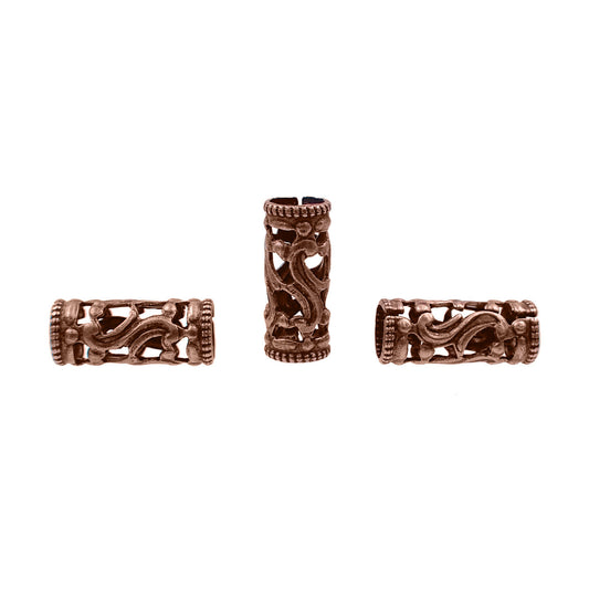 Antique Copper Filigree Tube Beads - 13 x 6 mm - Dainty Detailed Flourish Pattern - 4 Pieces - High Quality Vintage Style Wide Hole