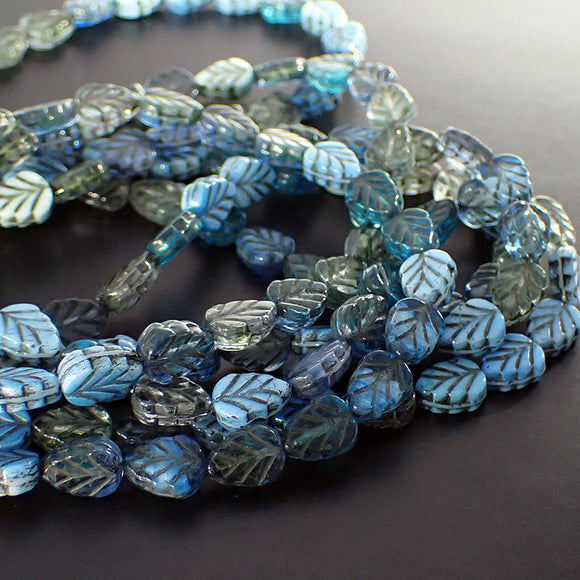 Blue Mix Leaf Beads with Black Wash - Artisan Czech Pressed Glass - Pressed Nature Beads - 10x8mm 10mm Assorted Colors - 15 Pieces
