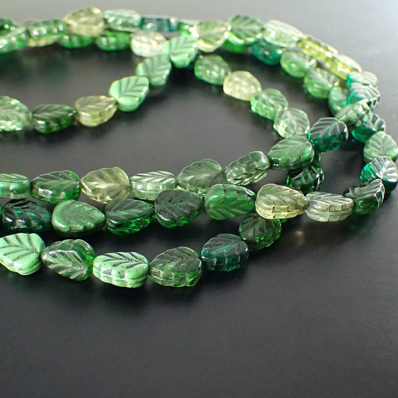 Green Mix Leaf Beads with Black Wash - Artisan Czech Pressed Glass - Pressed Nature Beads - 10x8mm 10mm Assorted Colors - 15 Pieces