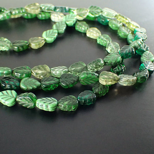 Green Mix Leaf Beads with Black Wash - Artisan Czech Pressed Glass - Pressed Nature Beads - 10x8mm 10mm Assorted Colors - 15 Pieces