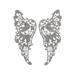 Large Victorian Steampunk Wing Filigrees - 1 Pair - Antiqued Silver Ox - Intricate Detail Dapt - Rare High Quality European Brass