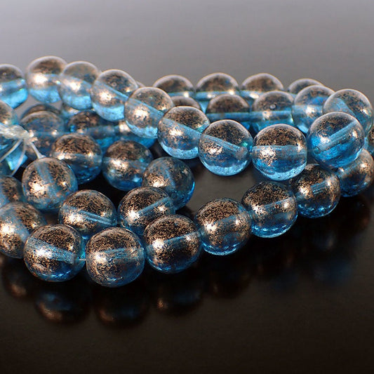 Transparent Capri Blue Metallic Copper Rain Czech Pressed Smooth Round Glass Beads - 12mm Beads - 6 Pieces