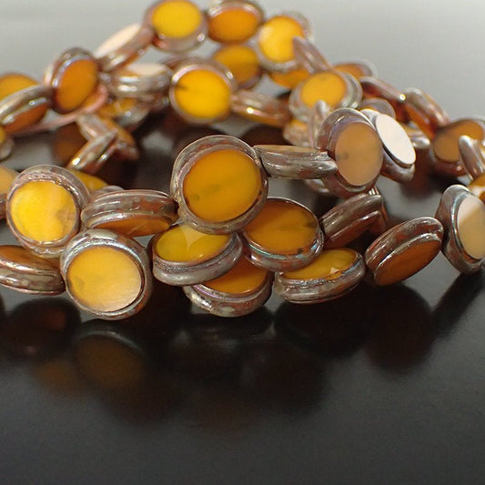 Pumpkin Silk Artisan Czech Glass Beads with Metallic Picasso Luster - 14mm Round Flat Circular Coin - Table Cut - 4 Pieces
