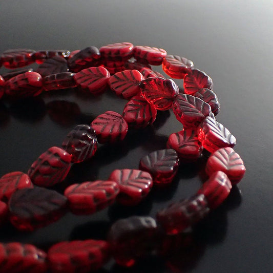 Red Mix Leaf Beads with Black Wash - Artisan Czech Pressed Glass - Pressed Nature Beads - 10x8mm 10mm Assorted Colors - 15 Pieces
