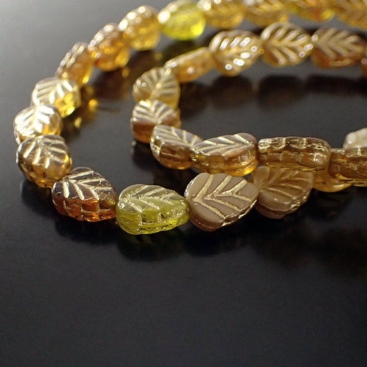 Topaz Brown Autumn Mix Leaf Beads with Metallic Gold Wash - Artisan Czech Pressed Glass - Pressed Beads - 10x8mm Assorted Colors - 15 Pieces