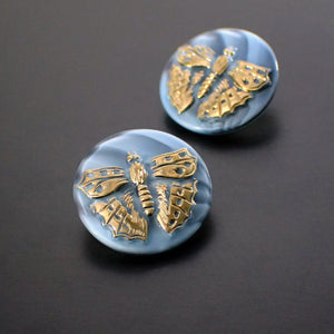 Czech Glass Buttons - 23mm Round Blue with Butterfly