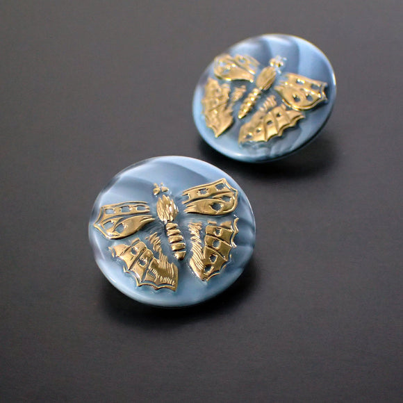Czech Glass Buttons - 23mm Round Blue with Butterfly