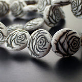 Czech Glass Rose Beads - 4 Pieces - Artisan Czech Pressed Glass Coin with Flower Pattern - White Light Gray Silk with Black Patina Wash