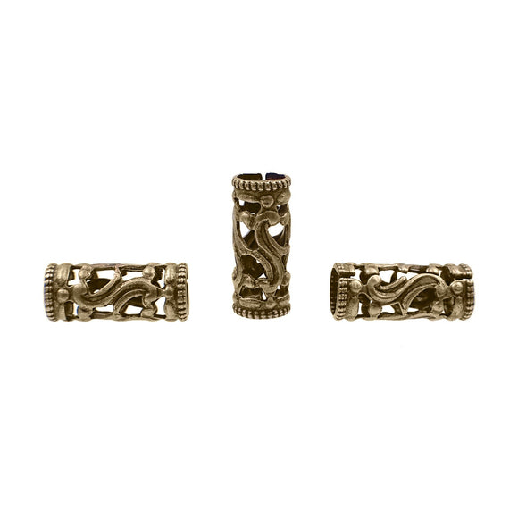 Antique Brass Filigree Tube Beads - 13 x 6 mm - Dainty Detailed Flourish Pattern - 4 Pieces - High Quality Vintage European Brass