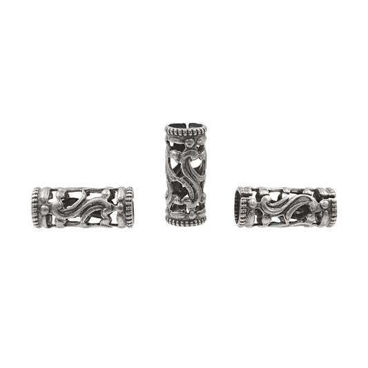 Antique Silver Filigree Tube Beads - 13 x 6 mm - Dainty Detailed Flourish Pattern - 4 Pieces - High Quality Vintage Style Wide Hole