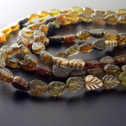 Autumn Mix Leaf Beads with Black Wash - Artisan Czech Pressed Glass - Pressed Nature Beads - 10x8mm 10mm Assorted Colors - 15 Pieces