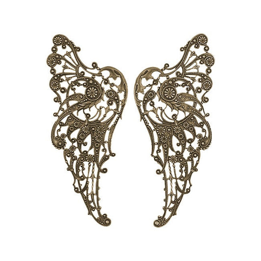 Large Victorian Steampunk Wing Filigrees - 1 Pair - Antiqued Brass Ox - Intricate Detail Dapt - Rare High Quality European Brass