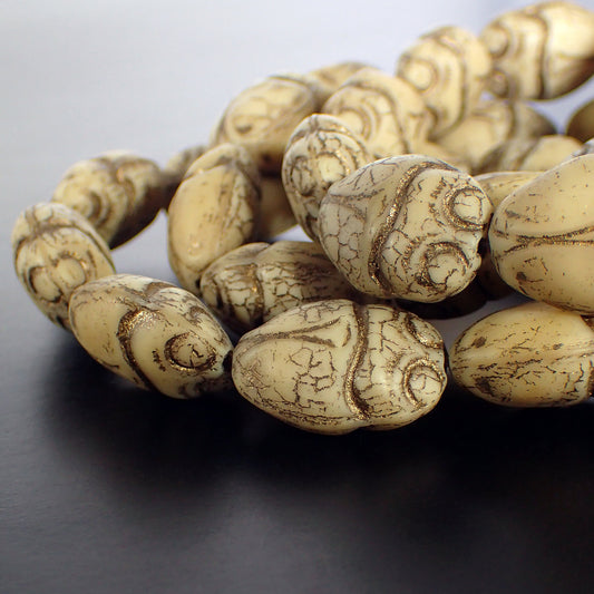 Matte Beige Czech Scarab Beads with Dark Bronze Wash - Artisan Pressed Glass Antique Style Egyptian Beetle Beads - 19mm - 2 Pieces