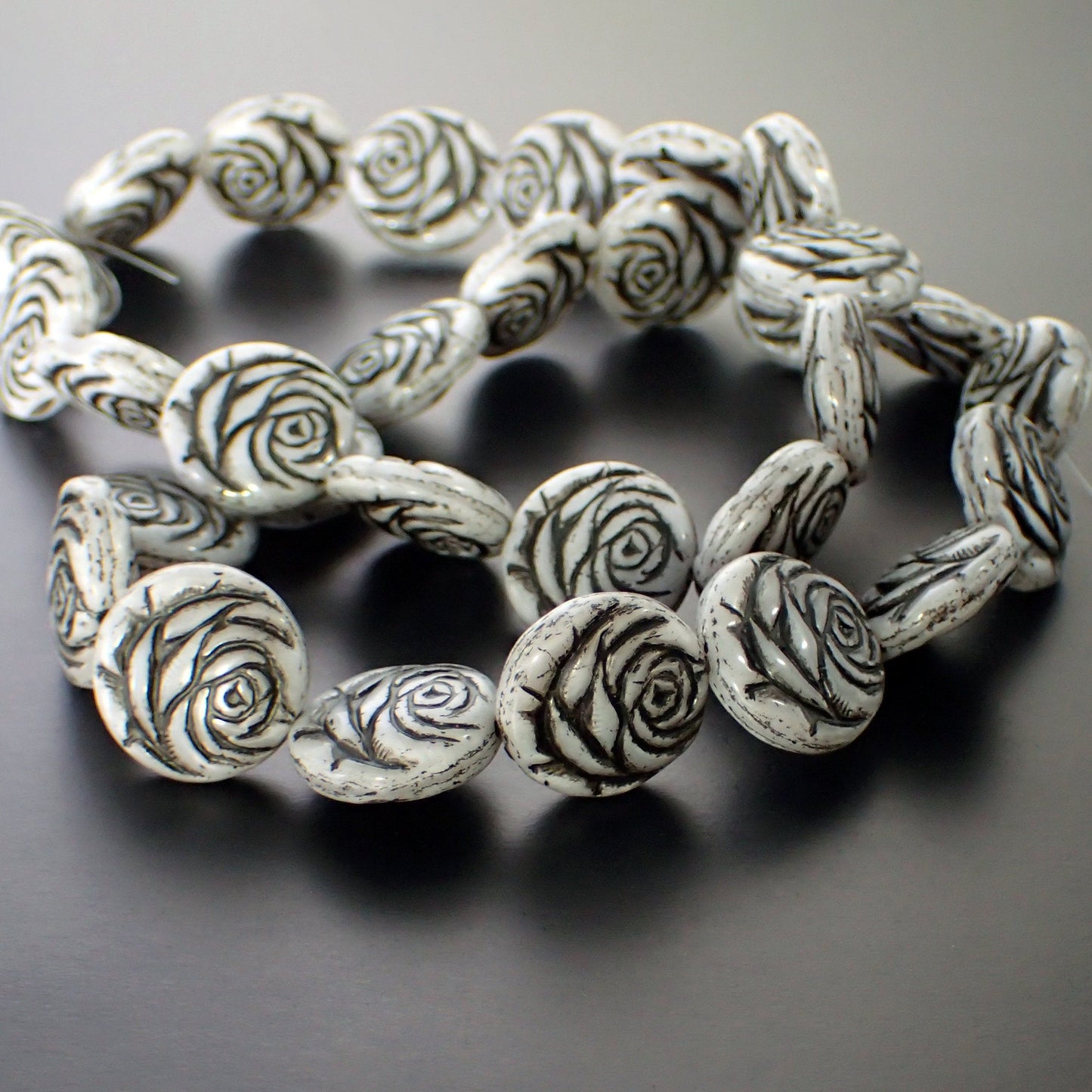 Czech Glass Rose Beads - 4 Pieces - Artisan Czech Pressed Glass Coin with Flower Pattern - White Light Gray Silk with Black Patina Wash