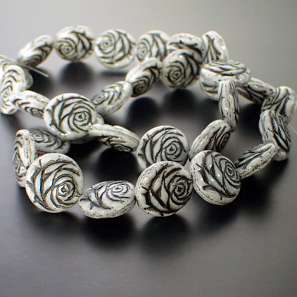 Czech Glass Rose Beads - 4 Pieces - Artisan Czech Pressed Glass Coin with Flower Pattern - White Light Gray Silk with Black Patina Wash