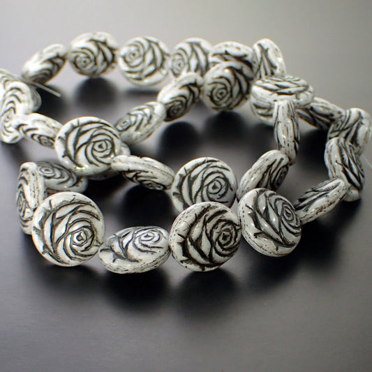 Czech Glass Rose Beads - 4 Pieces - Artisan Czech Pressed Glass Coin with Flower Pattern - White Light Gray Silk with Black Patina Wash