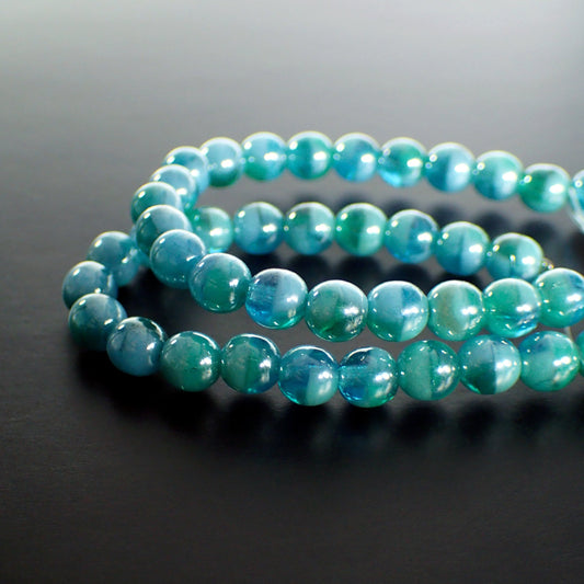 Turquoise Blue Green Lustered Pressed Glass Smooth Round Druk Beads - 6mm - Transparent and Opaque Mix - One Strand of 21 Beads