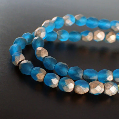 Capri Blue Matte Metallic Copper Half Coat Czech Glass Fire Polished Beads - 6mm - One Strand of 19 Beads