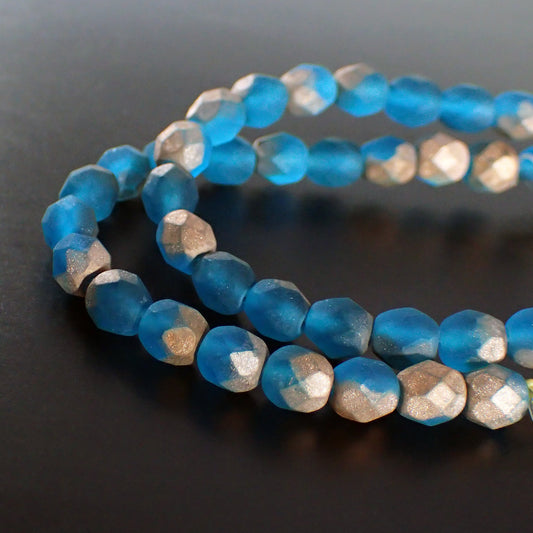 Capri Blue Matte Metallic Copper Half Coat Czech Glass Fire Polished Beads - 6mm - One Strand of 19 Beads