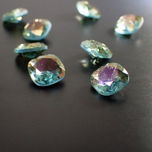 Rare Handmade Czech Glass Faceted Fancy Stone - 12mm Cushion - Aquamarine Blue with Crackle Effect and Honey Bronze Pink Coating - 1 Piece