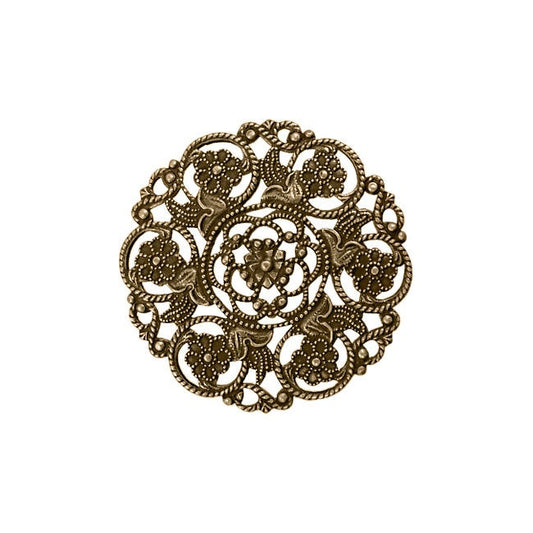 Lacy Round Filigree with Floral Design and Flourishes -  Rare High Quality European Brass - Antiqued Brass Ox with Flowers - 2 Pieces